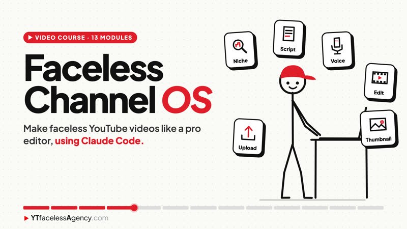 Faceless Channel OS course cover: 13 modules, make faceless YouTube videos like a pro editor using Claude Code