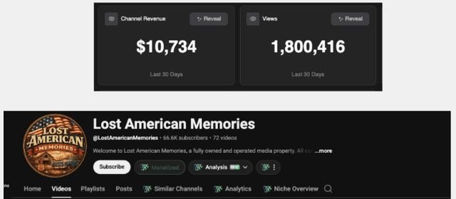 Lost American Memories: NexLev estimate about $10,734 / 30 days, 1,800,416 views in the last 30 days