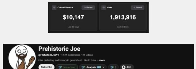 NexLev estimate for the Prehistoric Joe channel: $10,147 revenue and 1,913,916 views in the last 30 days, 21 videos