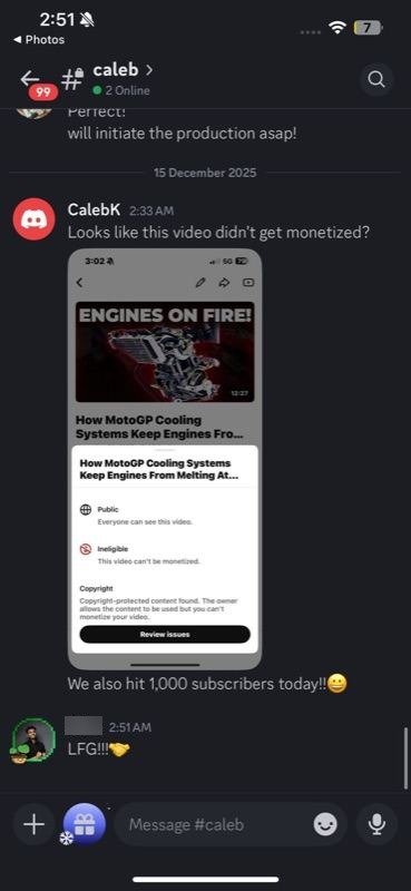 Chat celebrating a channel hitting 1,000 subscribers and discussing monetization