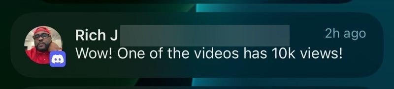 Client notification celebrating a video reaching 10k views