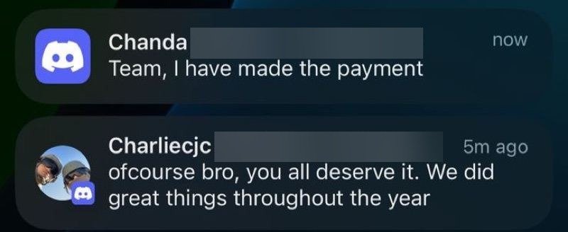 Client notifications confirming payment and year-end appreciation