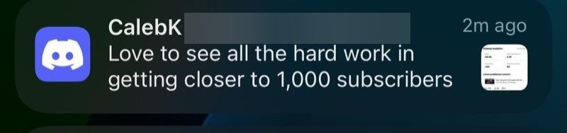 Client notification cheering progress toward 1,000 subscribers